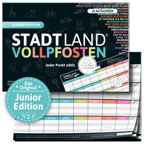 Stadt Land Vollpfosten Junior Edition DinA4 Format ab 9 Jahren Reisespiel