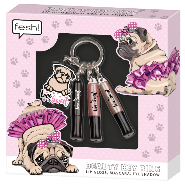 fesh! Beauty keyring Schlüsselanhänger Hund Mops Lipgloss, Mascara, Lidschatten