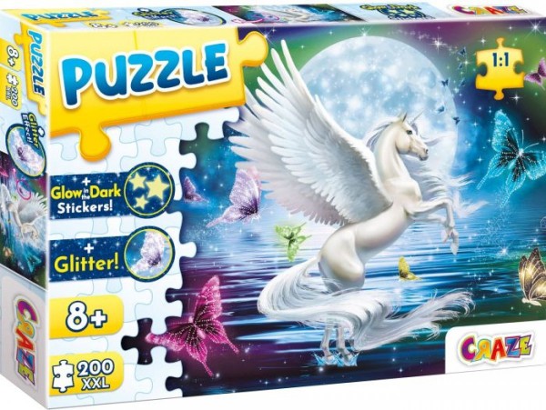Puzzle Pegasus mit Leuchtsticker Glow in the dark und Glitter Effekt 200 Teile ab 8+