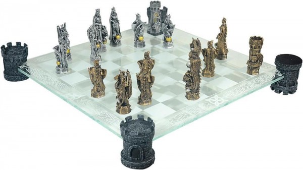 Schachspiel Ritter + Drachen Gold- und Silberfarben mit Glasbrett 42x42cm MC6059